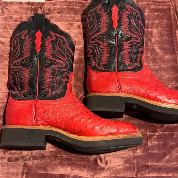 Lucchese 2000 Red Black full Quill Ostrich Cowboy Boots Size 9 Handmade in USA - Picture 10 of 13